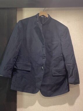 Hickey Freeman Wool Silk Mandarin Collar Travel Blazer Jacket Navy Black